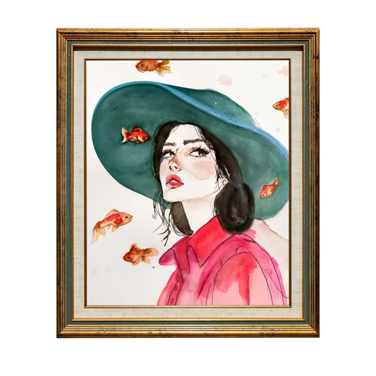 Head in the Clouds — Watercolor on Paper Gallery Poster by The Mood Room (Woman in Teal Hat with Goldfish) - The Mood Room By Madison Viddy Pop Art Prints