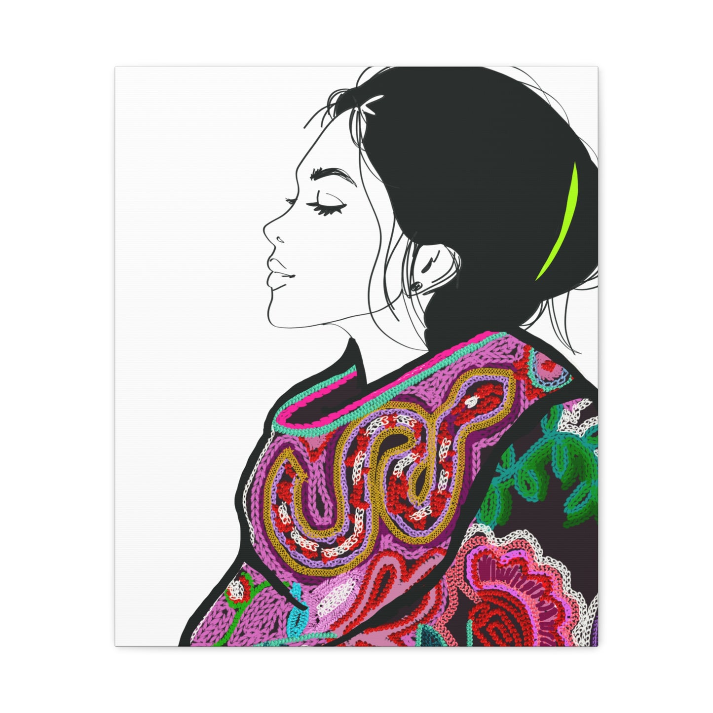 Lilian Digital Embroidery Fashion Illustration Matte Canvas, Stretched, 1.25" - The Mood Room By Viddy Pop Art Prints