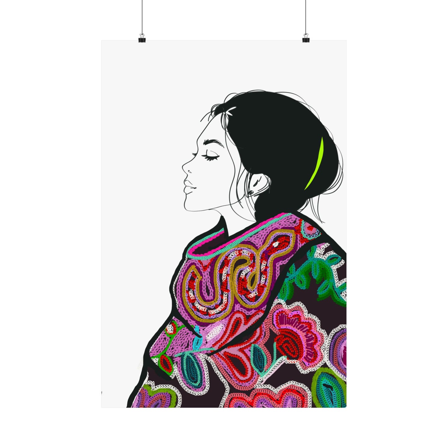 Lilian Greyscale with Bright Colorful Detailed  Embroidered Jacket Fashion Illustration Art Print