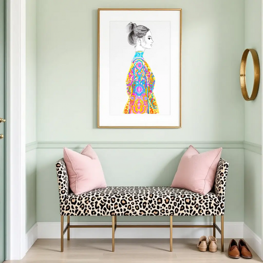 Kara Greyscale with Bright Colorful Detailed  Embroidered Jacket Fashion Illustration Art Print - The Mood Room By Viddy Pop Art Prints