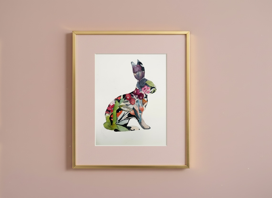 Colorful floral watercolor rabbit art print by The Mood Room