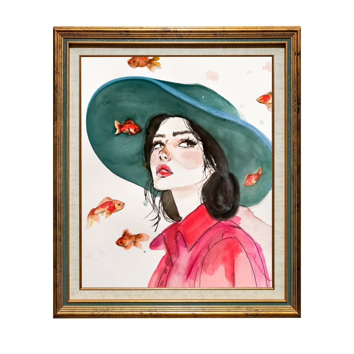 Head in the Clouds — Watercolor on Paper Gallery Poster by The Mood Room (Woman in Teal Hat with Goldfish)