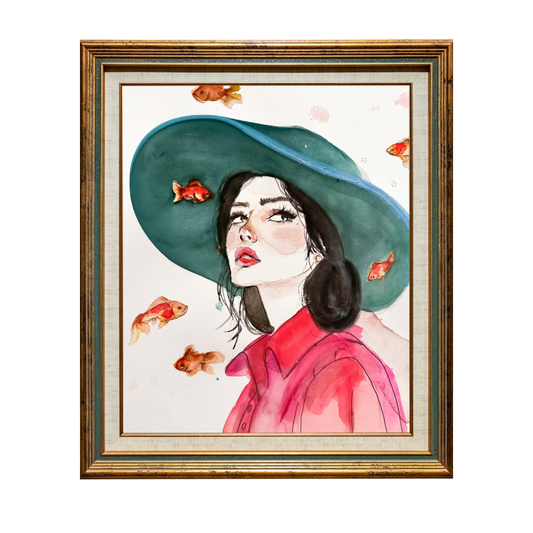 Head in the Clouds — Watercolor on Paper Gallery Poster by The Mood Room (Woman in Teal Hat with Goldfish) - The Mood Room By Madison Viddy Pop Art Prints
