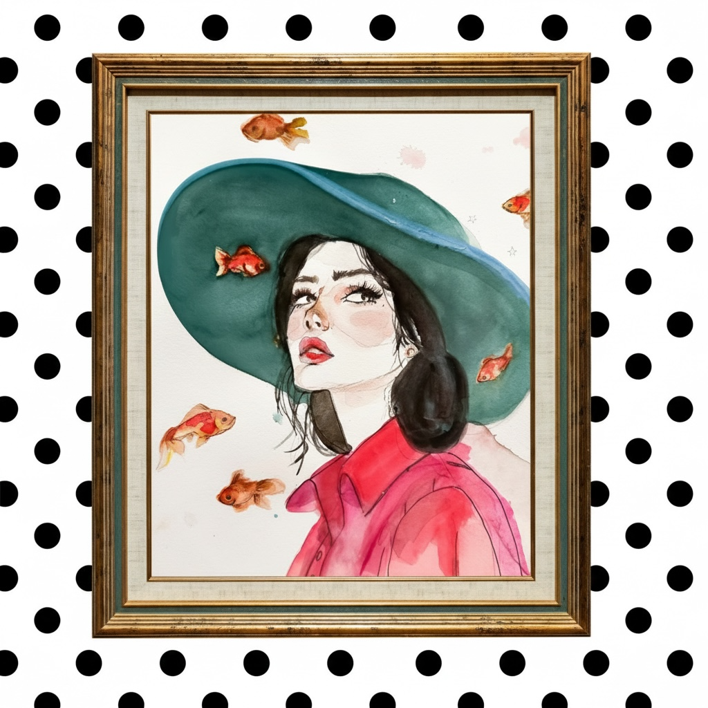 Head in the Clouds — Watercolor on Paper Gallery Poster by The Mood Room (Woman in Teal Hat with Goldfish)
