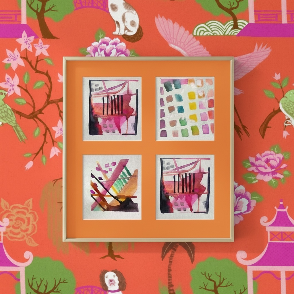 Chinoiserie orange and pink wallpaper with 6x6 abstract watercolor paintings collection framed modern gallery wall colorful mini artwork