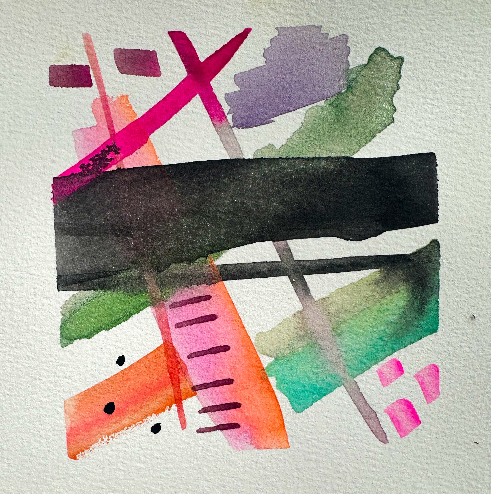 original abstract watercolor painting colorful geometric shapes pink orange modern mini art 6x6
