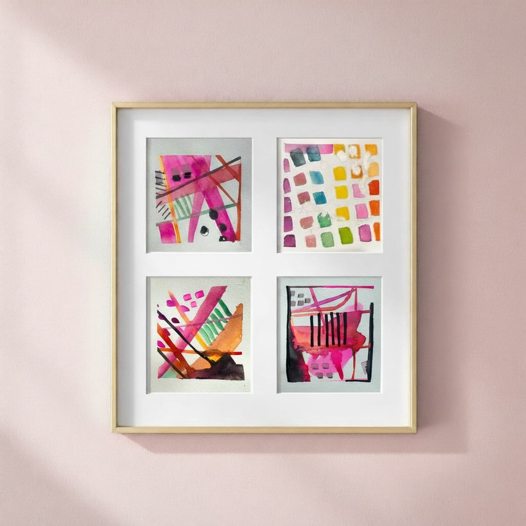 6x6 abstract watercolor paintings collection framed modern gallery wall colorful mini artwork