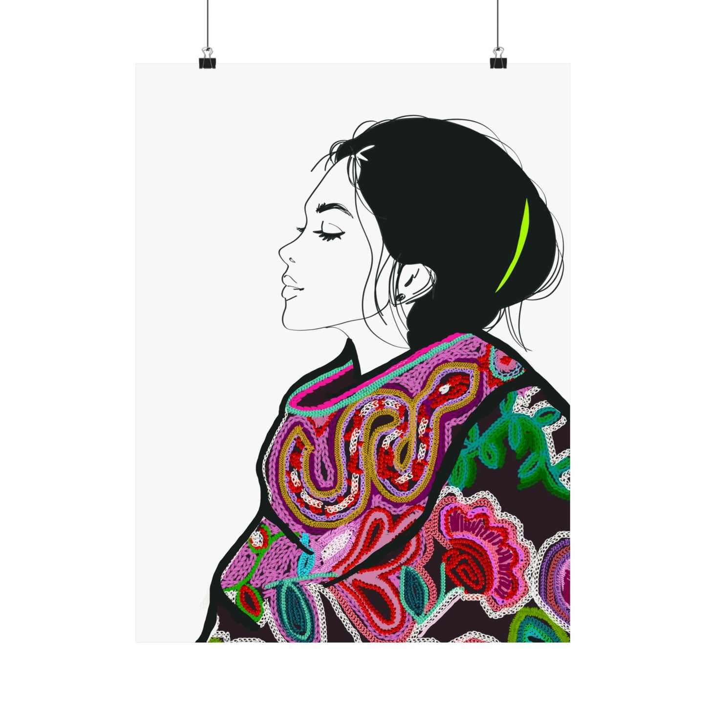 Lilian Greyscale with Bright Colorful Detailed  Embroidered Jacket Fashion Illustration Art Print