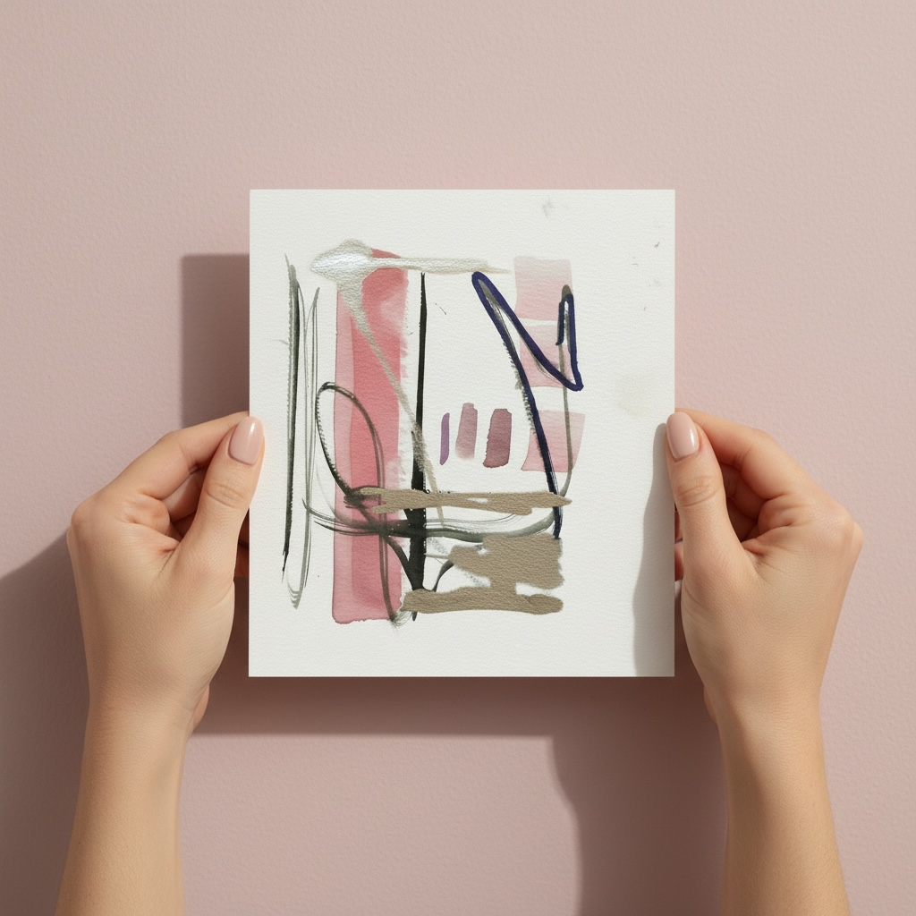 Abstract art print held by hands against a pink background 	Mini abstract watercolor painting with blush pink and black ink linework in modern composition