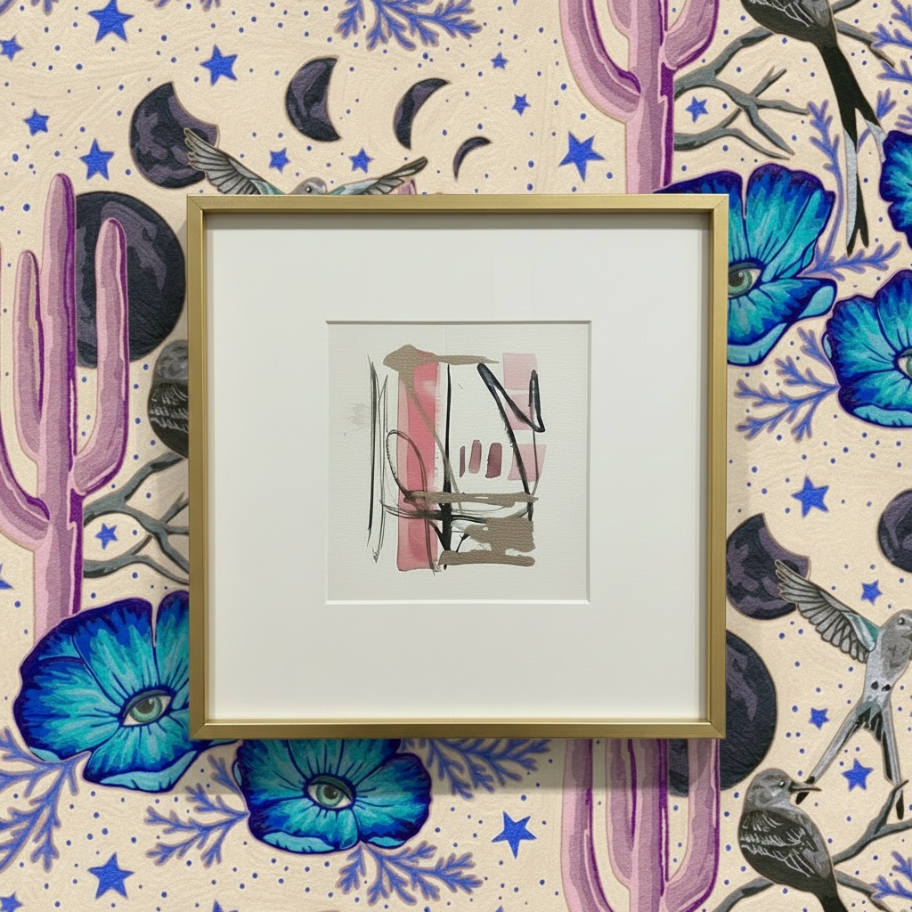 Framed artwork on a decorative wall with floral and cactus pattern
