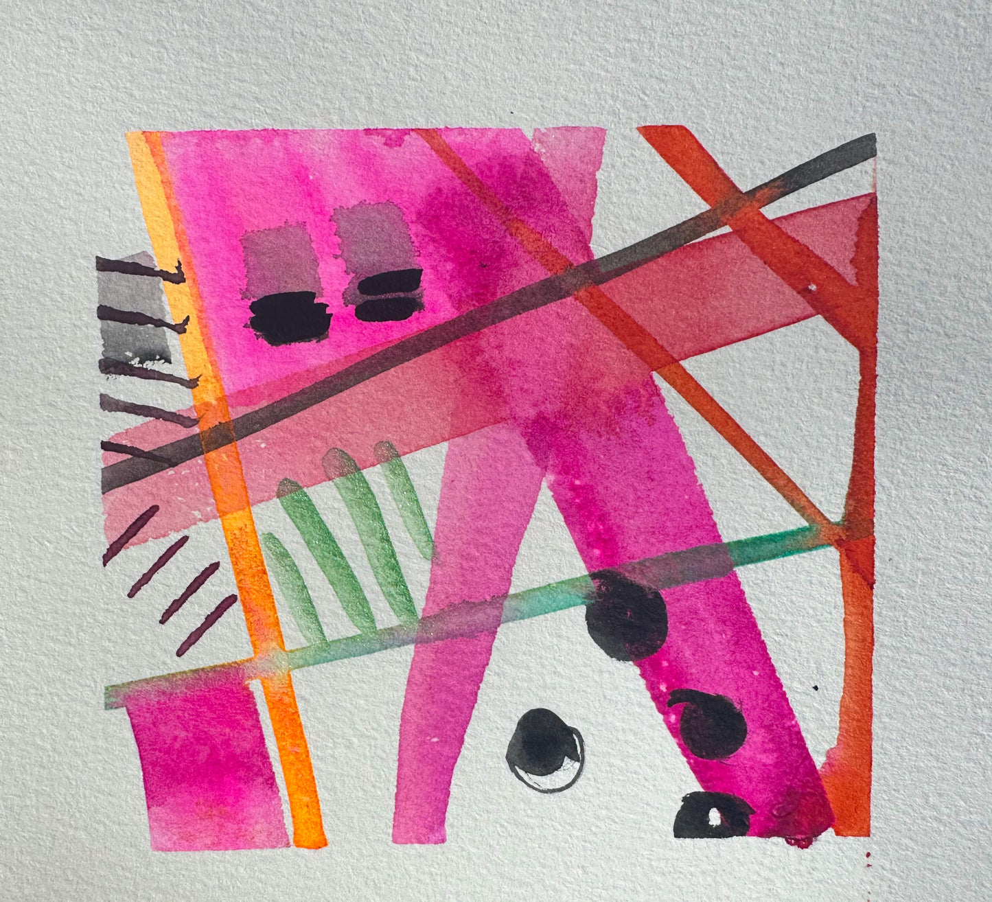 
Neon orange and neon pink and black original abstract watercolor painting colorful geometric shapes pink orange modern mini art 6x6