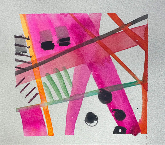 
Neon orange and neon pink and black original abstract watercolor painting colorful geometric shapes pink orange modern mini art 6x6