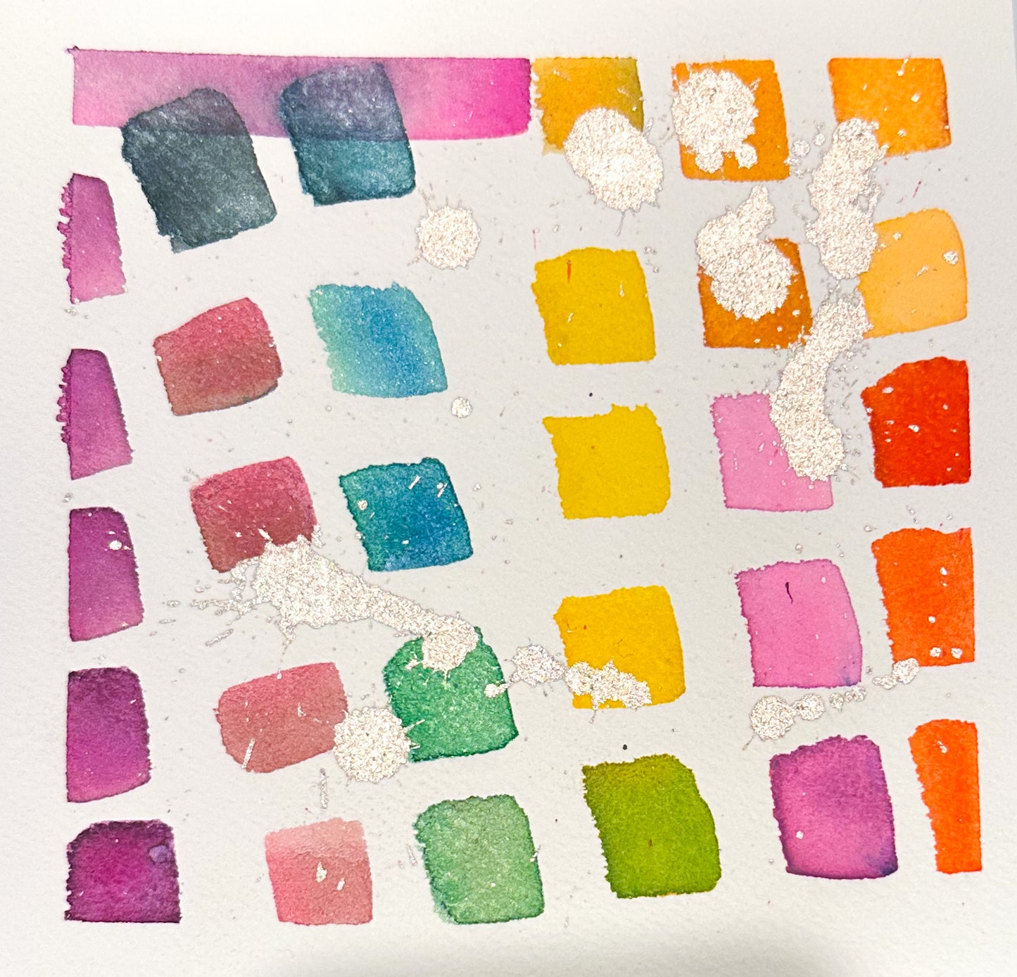 Color swatches in various shades on a textured white background Neon watercolor rainbow of squares original abstract watercolor painting colorful geometric shapes pink orange modern mini art 6x6