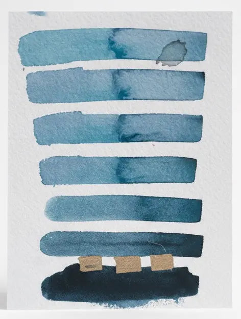original abstract mini watercolor painting with blue watercolor stripe design on a white background