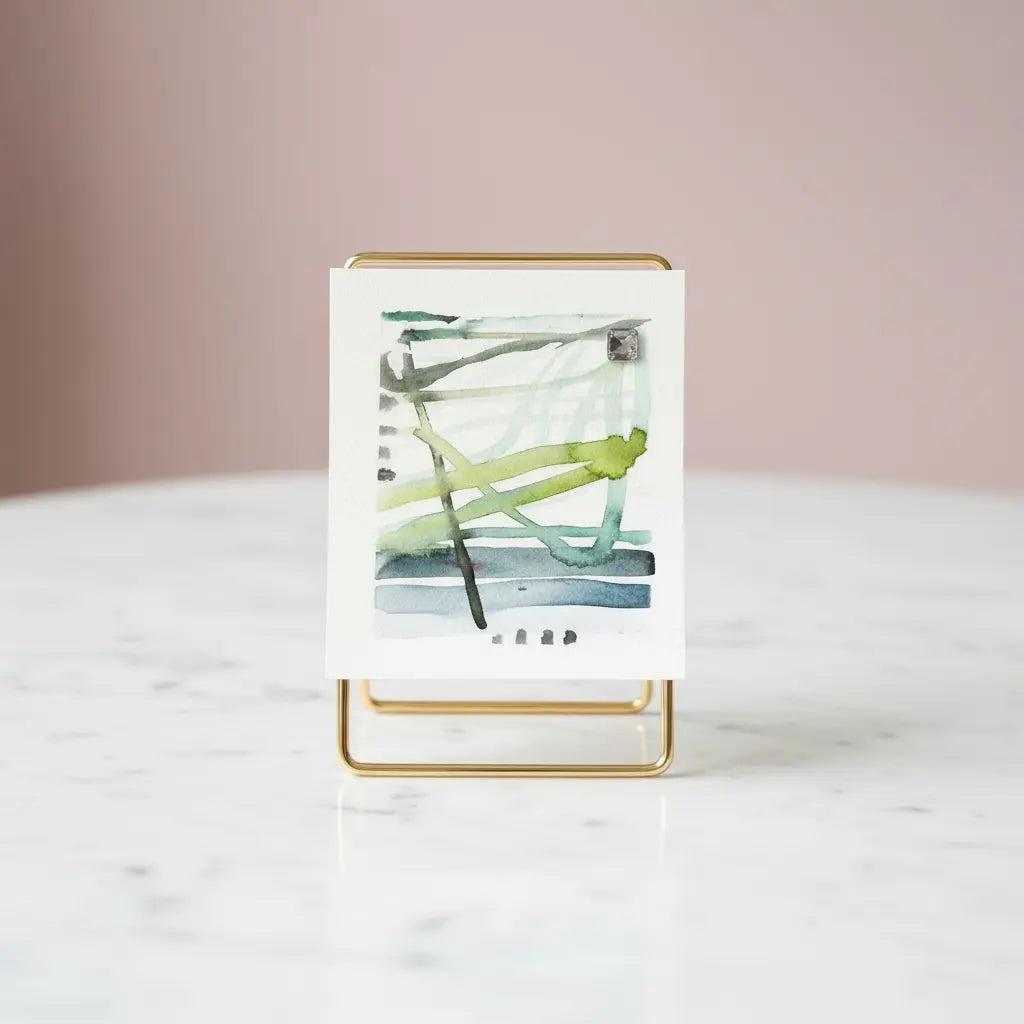 Small blue green watercolor painting on a stand against a neutral background blue current abstract mini watercolor painting