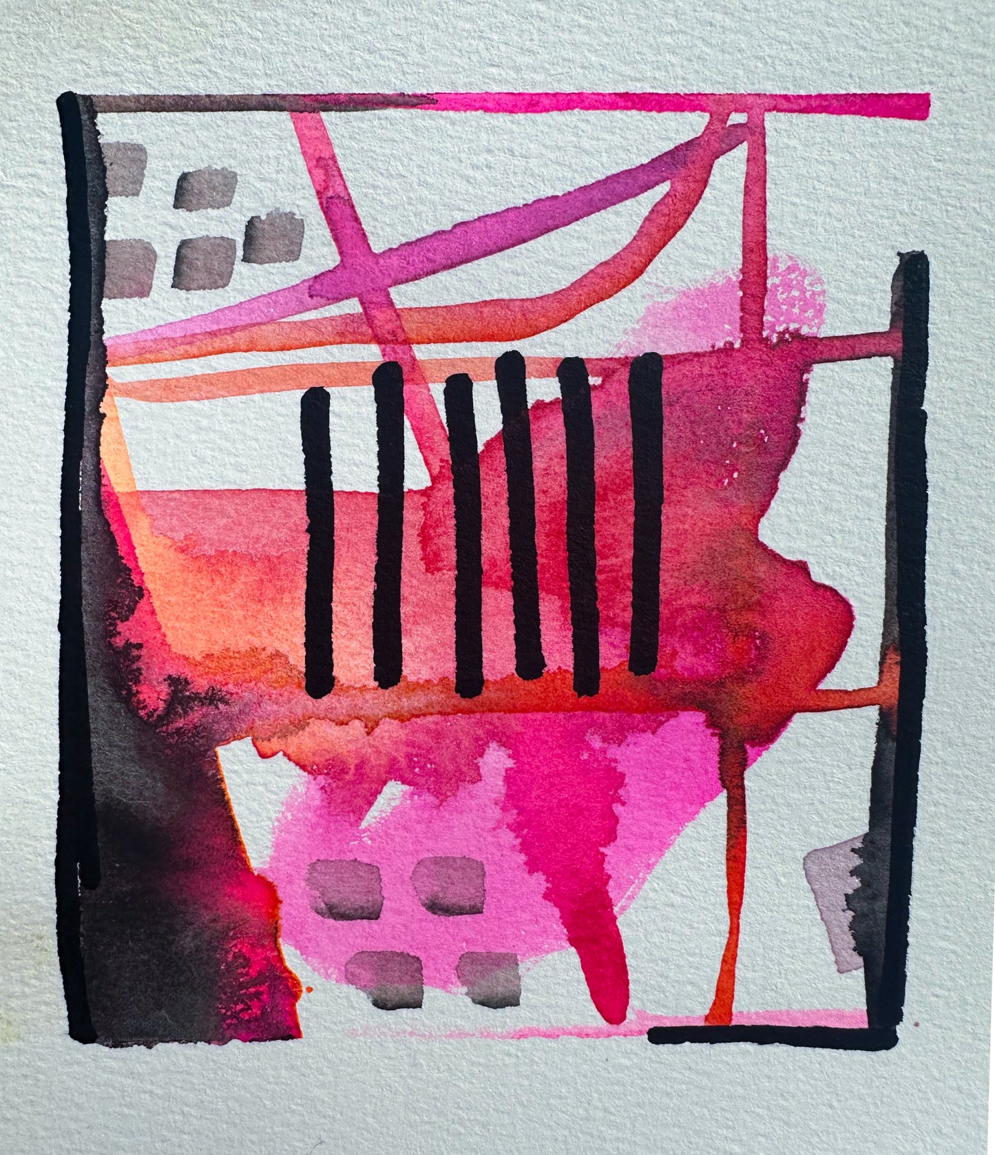 Bright neon pink and black abstract original affordable watercolor collection. 1/6 
