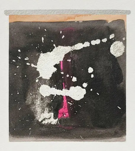 Abstract art piece with black, white, and pink colors on a white background