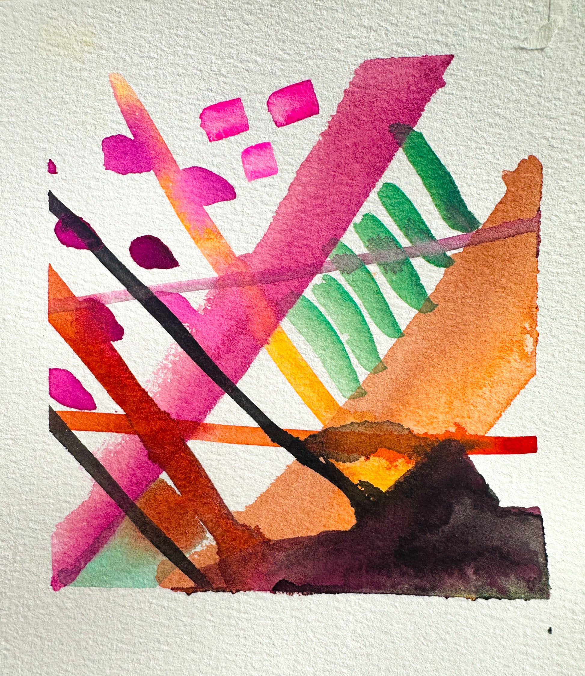 
original abstract watercolor painting colorful geometric shapes pink orange modern mini art 6x6