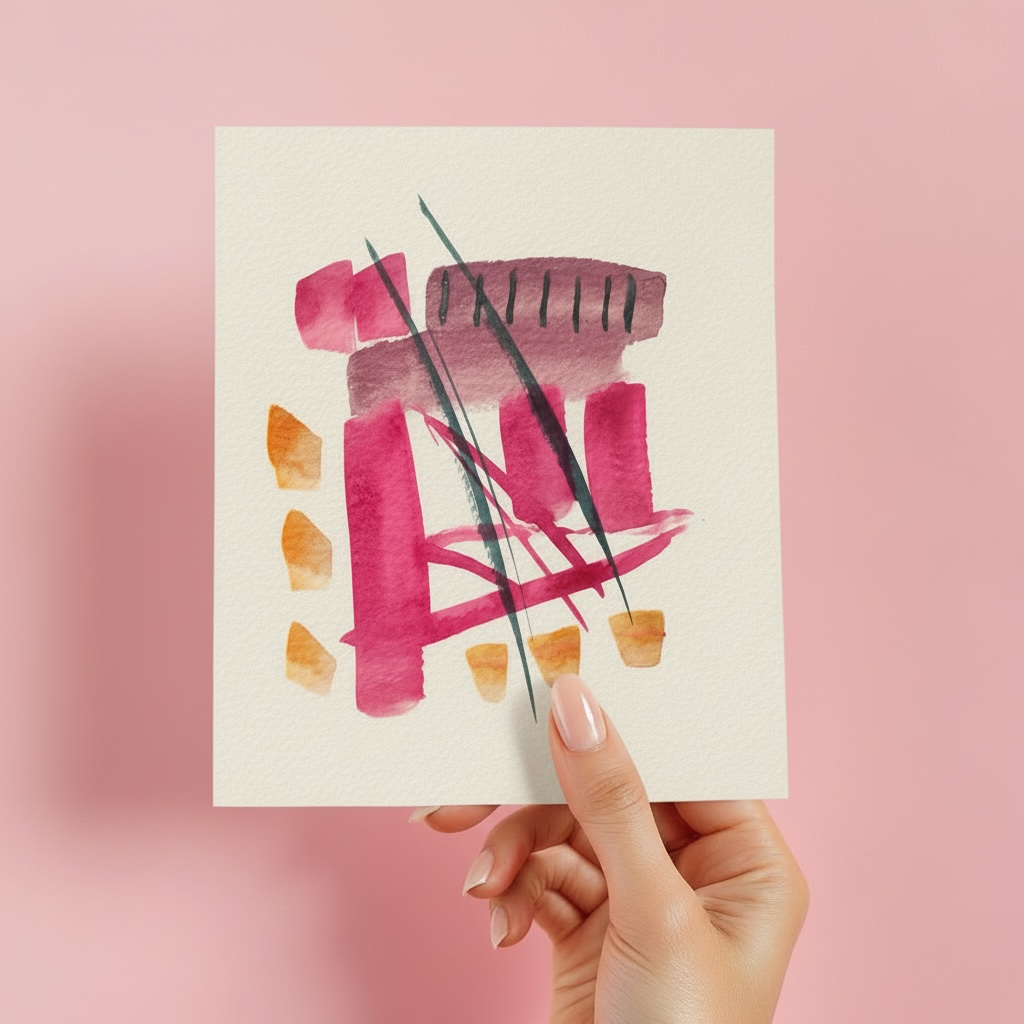 Hand holding a card with abstract art on a pink background pink abstract watercolor painting modern colorful abstract artwork
