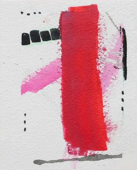 Abstract mini watercolor painting with red, pink, and black shapes on white background