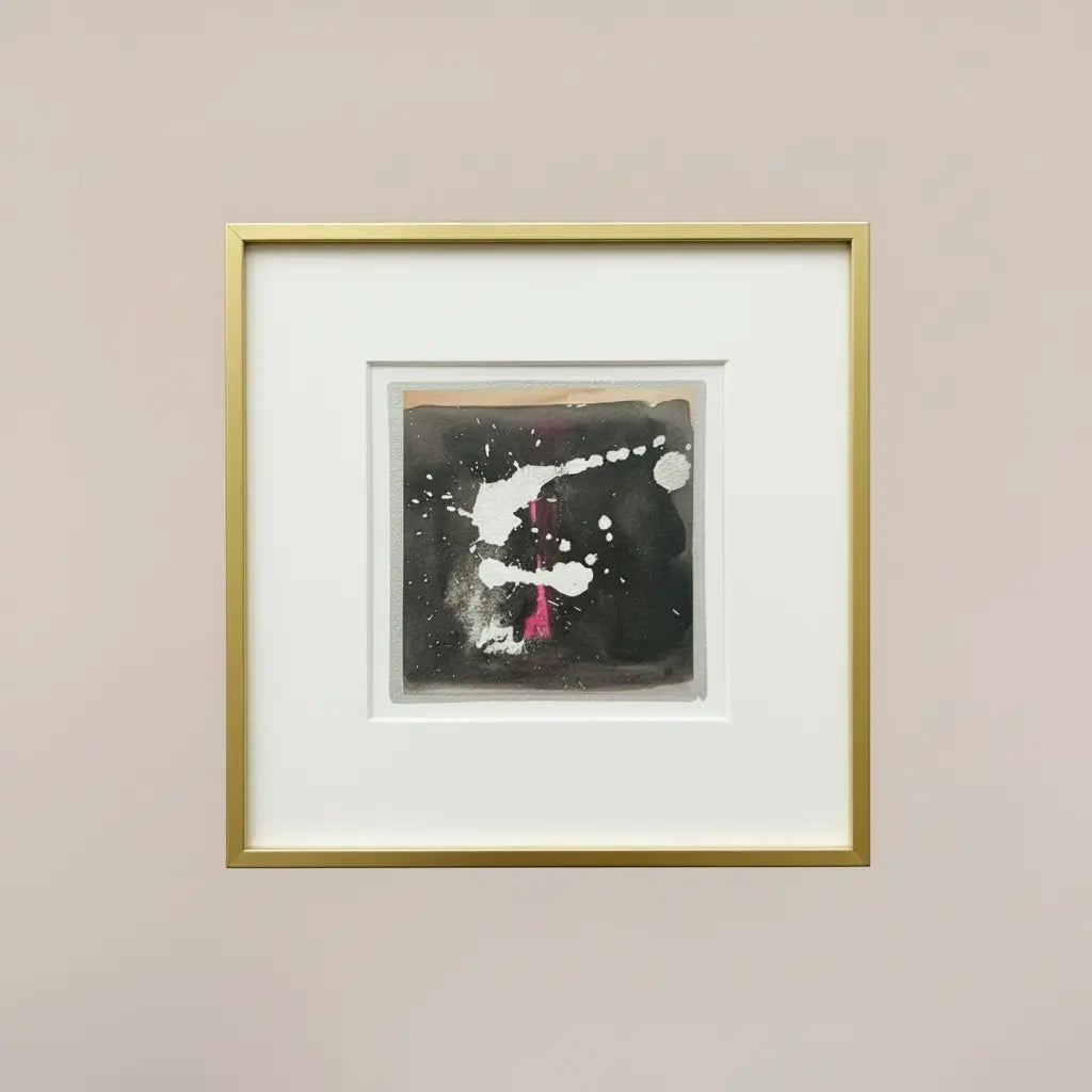 THE MOOD ROOM BY VIDDY POP STUDIO abstract watercolor painting, 6x6, black with gold and pink splashes.