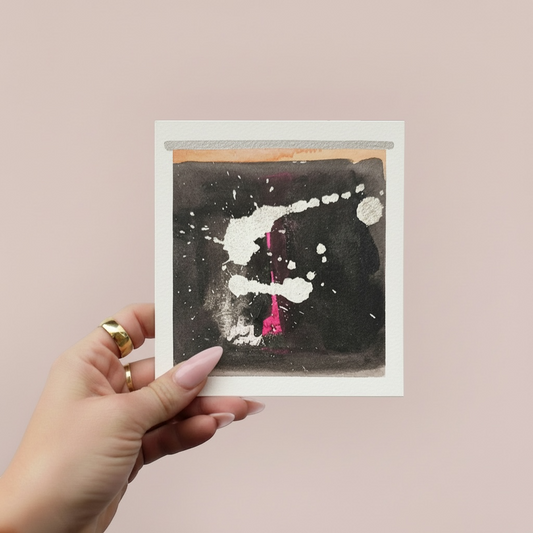 THE MOOD ROOM BY VIDDY POP STUDIO abstract watercolor painting, 6x6, black with gold and pink splashes on archival paper.