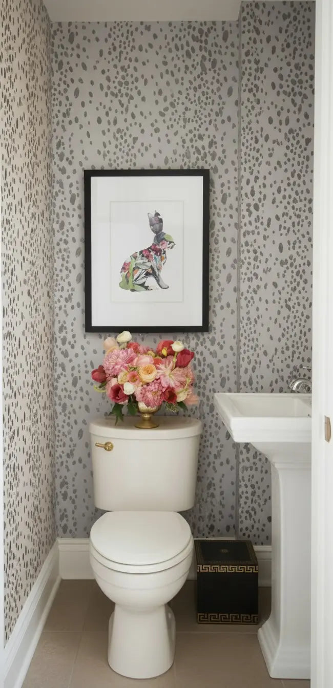 an abstract watercolor rabbit is on the wall in a powder room